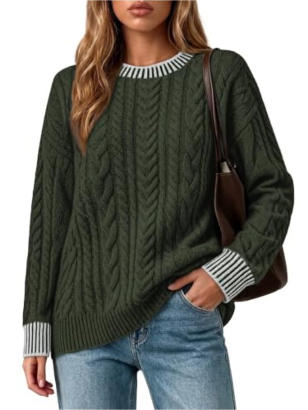 Cable Knit Crew Neck Pullover Sweater Long Sleeve Women's